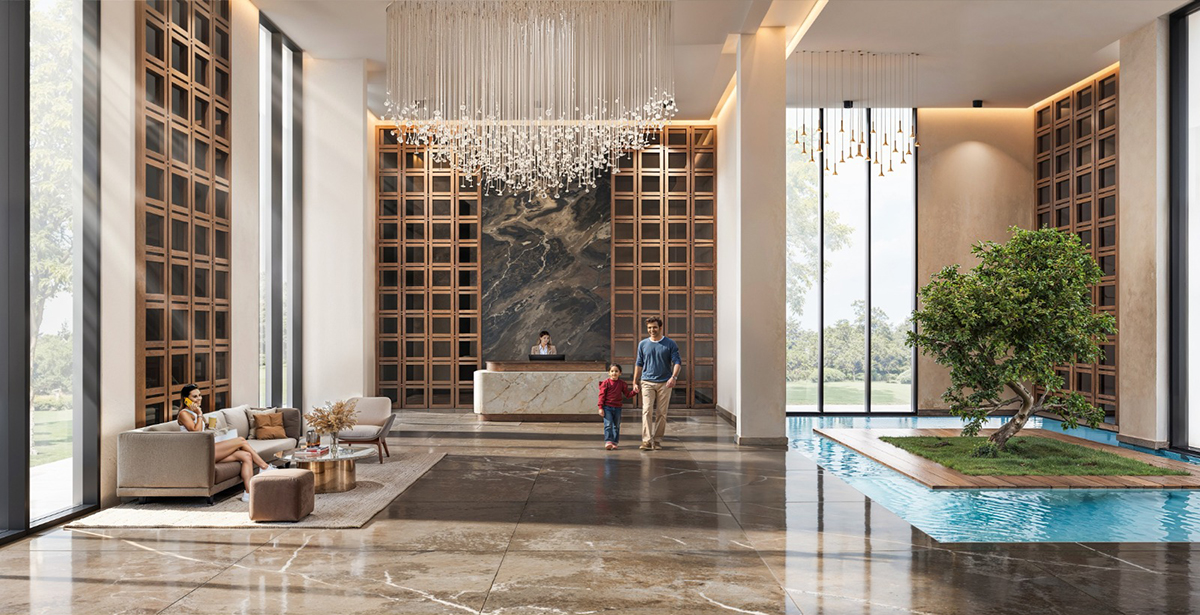 Luxury high-rise facade at dusk